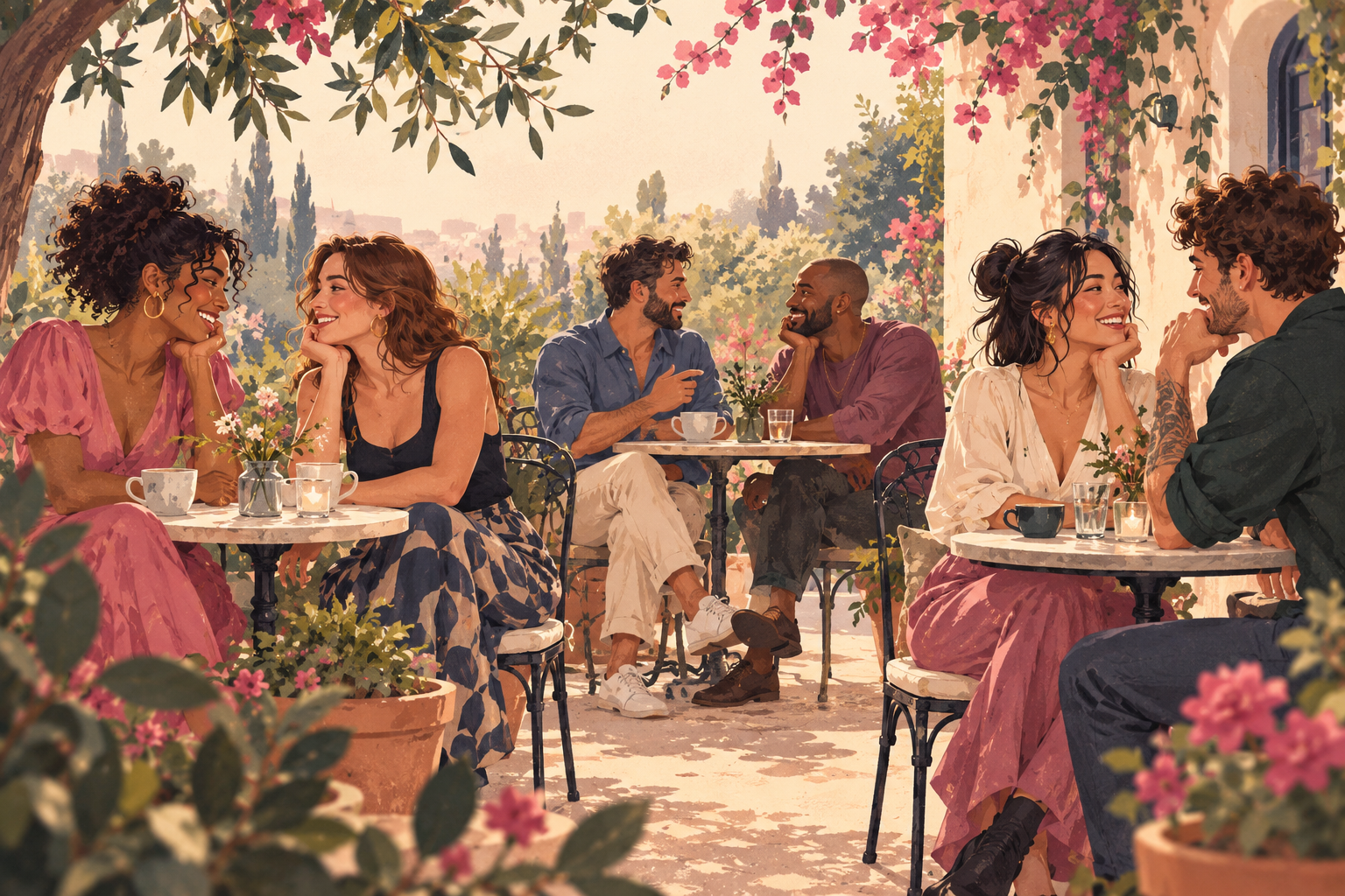 Illustration de trois duos adultes discutant dans un jardin, entre femmes, entre hommes et entre femme et homme.
